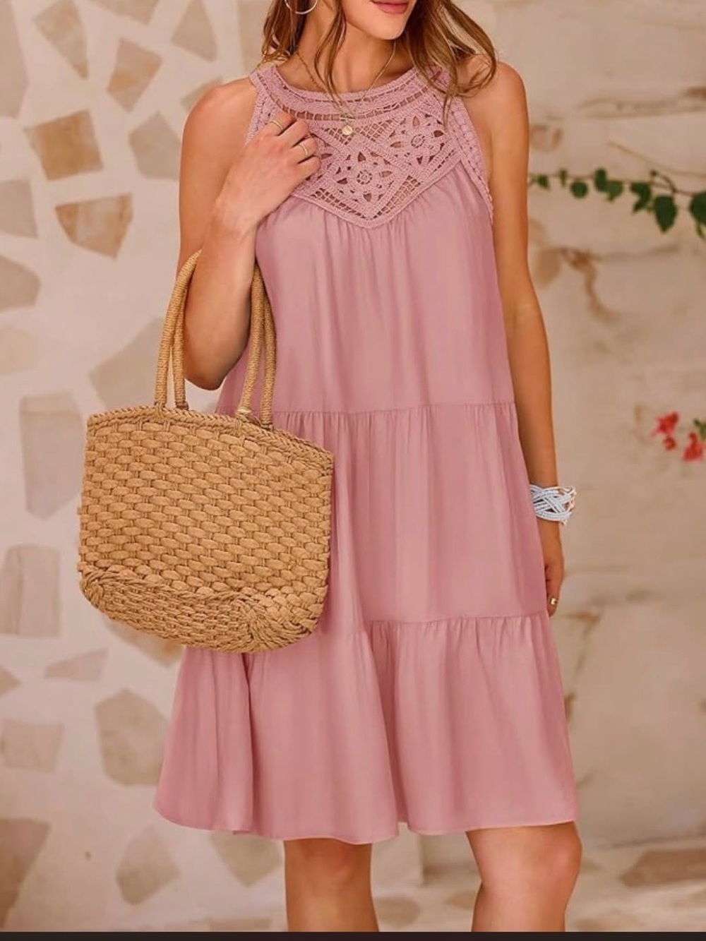 Sleeveless Crochet Yoke Tiered Midi Dress in Dusty Rose